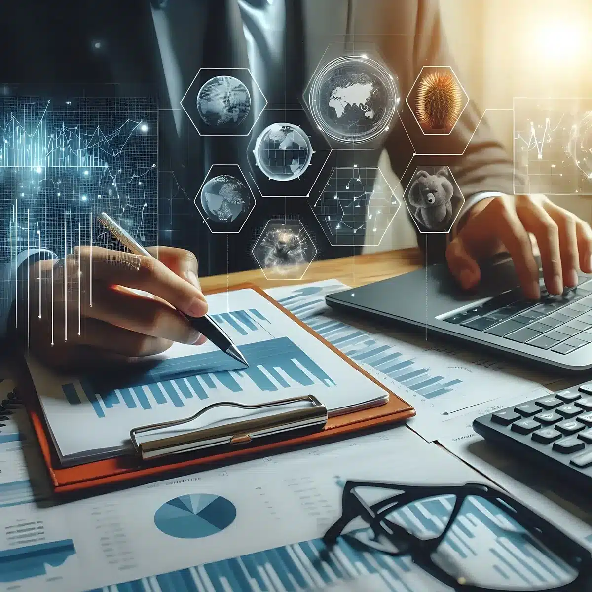 Professionnel analysant données, écrivant sur des graphiques et tapant sur un laptop. Interfaces numériques: globes, réseaux, concepts.