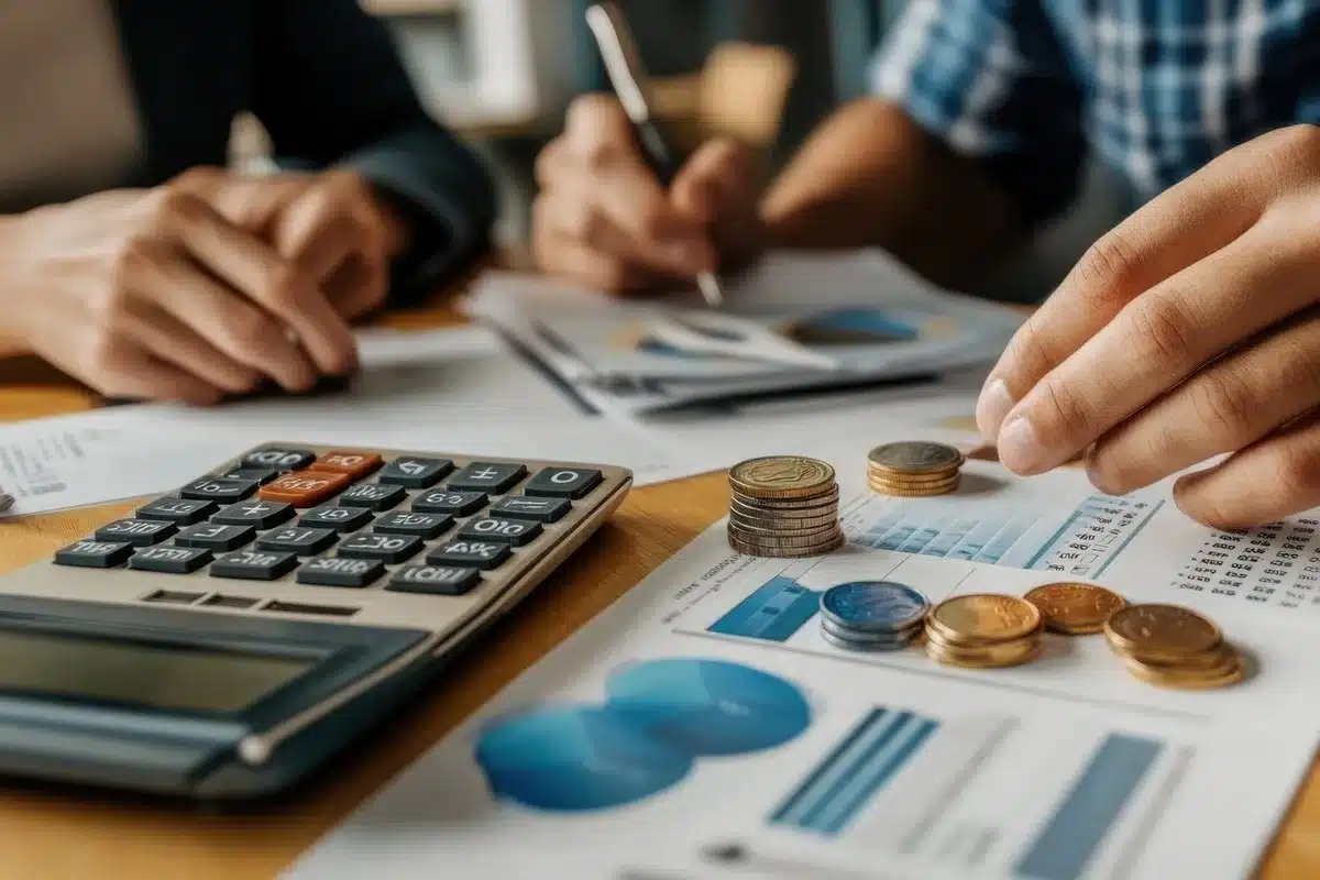 Deux personnes analysent des documents financiers avec graphiques, une calculatrice et des pièces de monnaie, gérant budget et comptabilité.