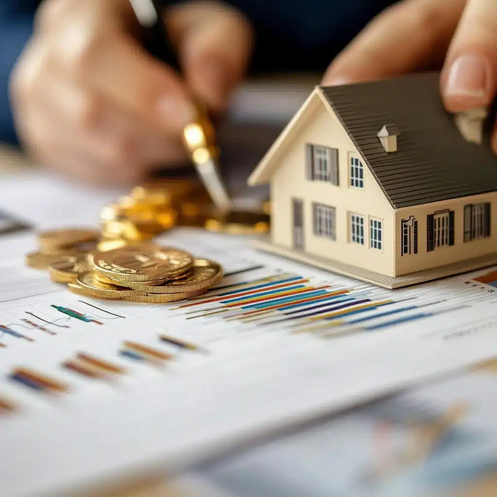 Mains analysant des graphiques financiers avec des pièces d'or et une maison miniature, symbolisant l'investissement immobilier et l'épargne.