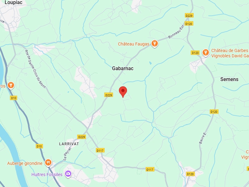 Carte routière de Gabarnac, Gironde, avec marqueur rouge. Routes D10, D120, D229, D117 visibles, Loupiac, Semens, Larrivat à proximité.